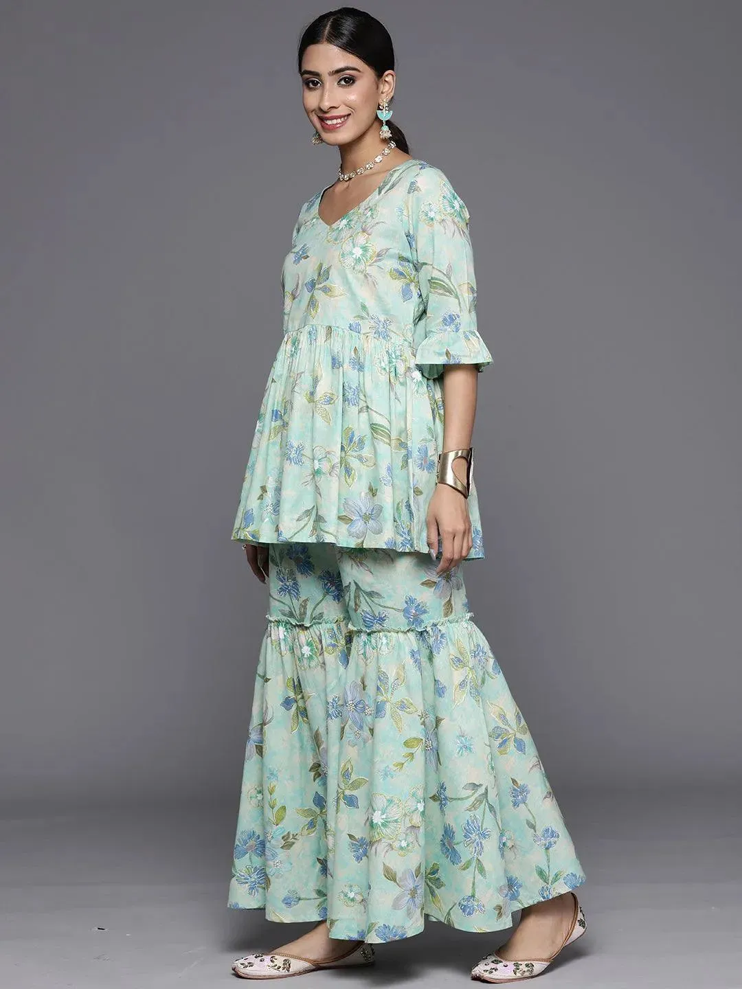 Green Printed Cotton Tunic With Palazzos