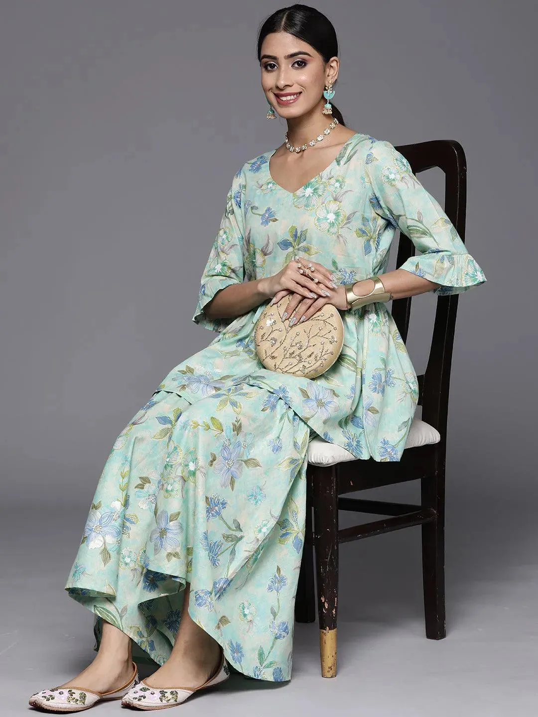 Green Printed Cotton Tunic With Palazzos