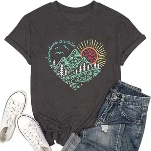 Hike Mountain Camping T Shirt for Women Adventure Awaits Nature Travel Short Sleeve Pine Tree Kindness Heart Printed Top