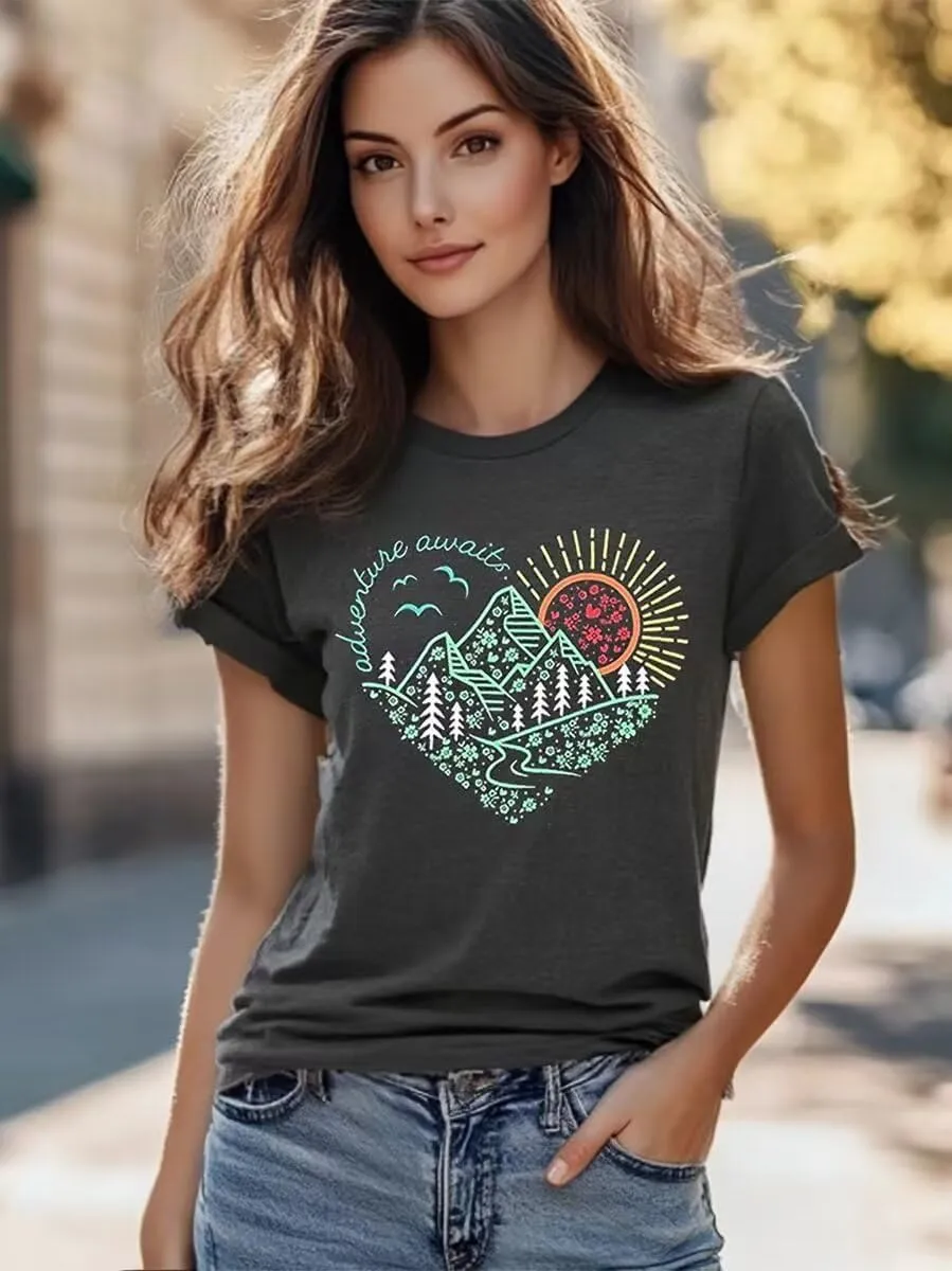 Hike Mountain Camping T Shirt for Women Adventure Awaits Nature Travel Short Sleeve Pine Tree Kindness Heart Printed Top