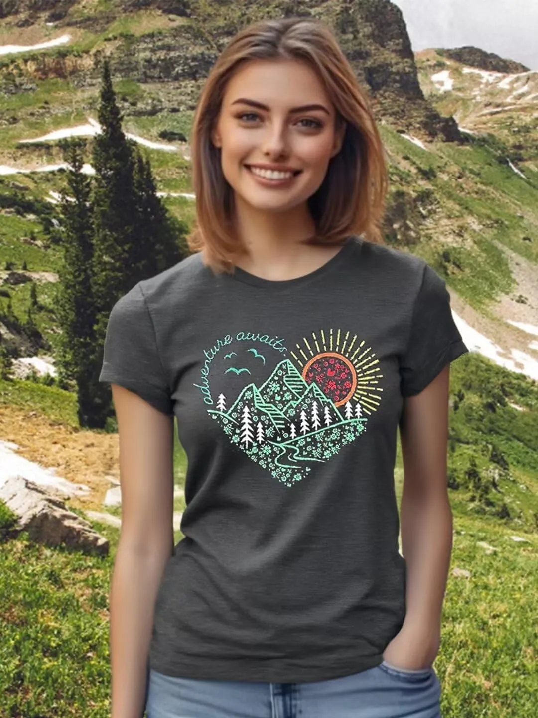 Hike Mountain Camping T Shirt for Women Adventure Awaits Nature Travel Short Sleeve Pine Tree Kindness Heart Printed Top