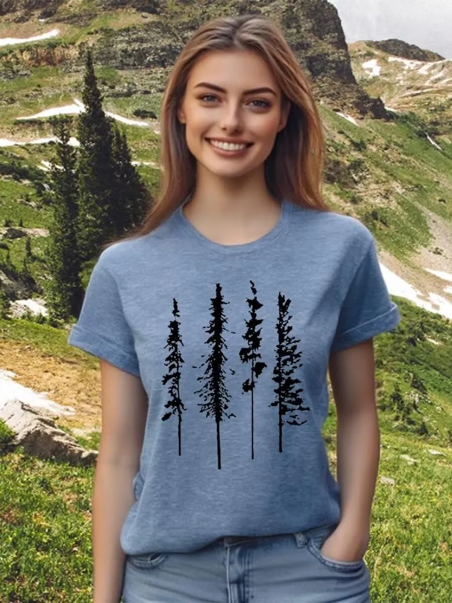 Hike Mountain Camping T Shirt for Women Adventure Awaits Nature Travel Short Sleeve Pine Tree Kindness Heart Printed Top