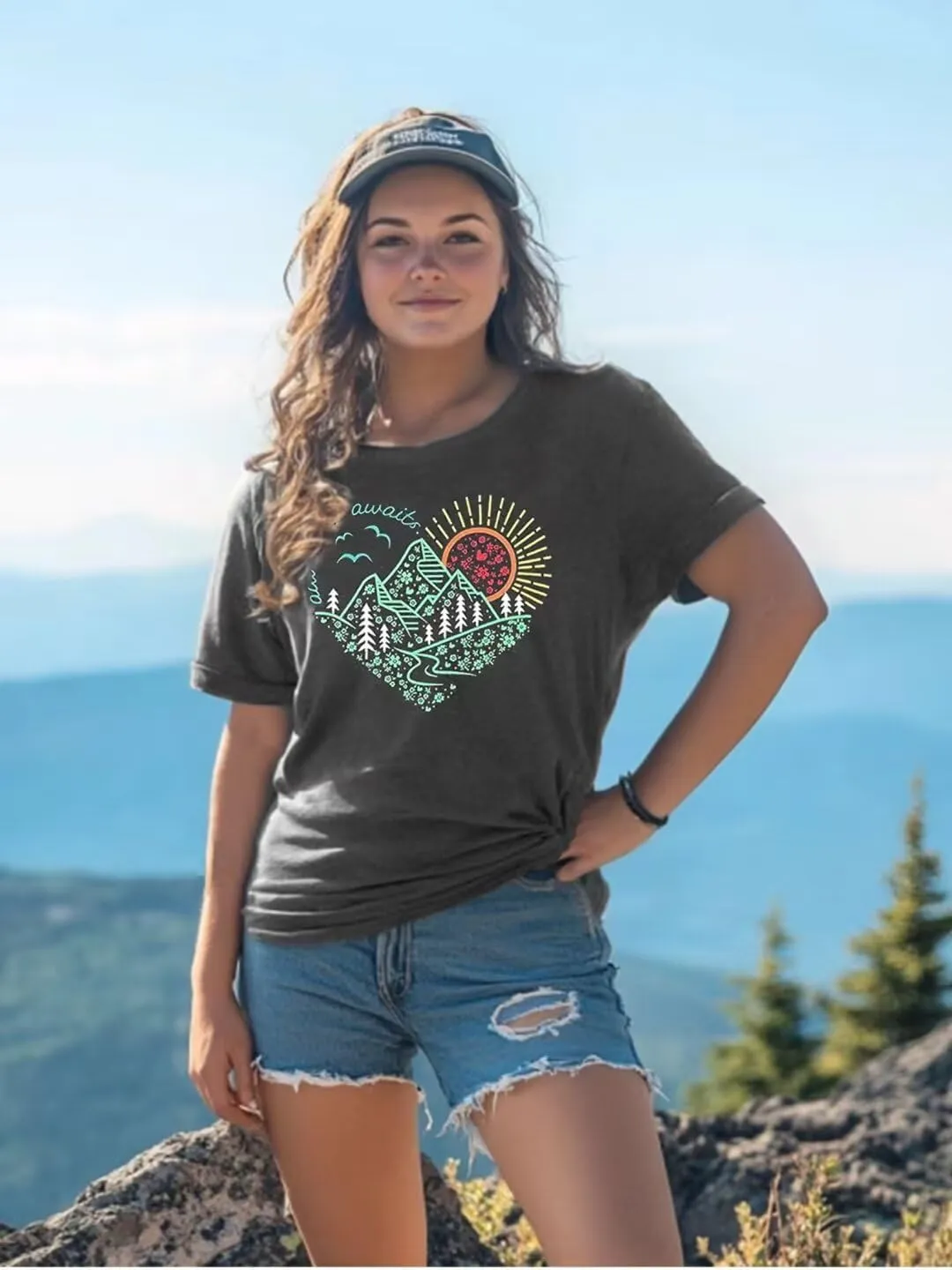 Hike Mountain Camping T Shirt for Women Adventure Awaits Nature Travel Short Sleeve Pine Tree Kindness Heart Printed Top