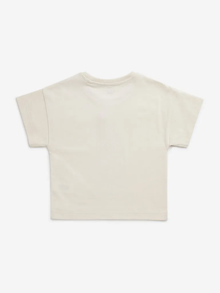 HOP Kids Beige Animal Design Cotton T-Shirt