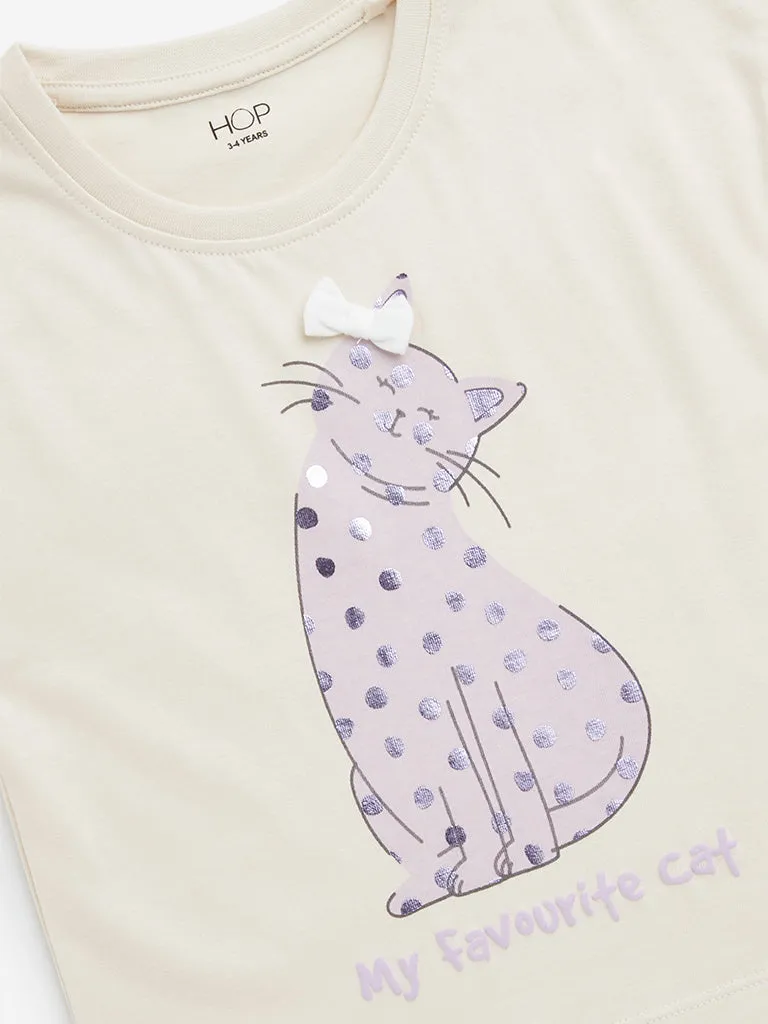 HOP Kids Beige Animal Design Cotton T-Shirt