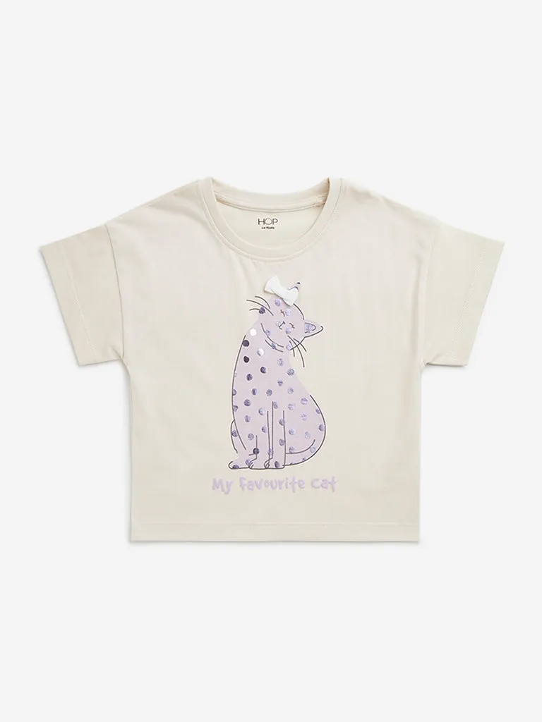 HOP Kids Beige Animal Design Cotton T-Shirt