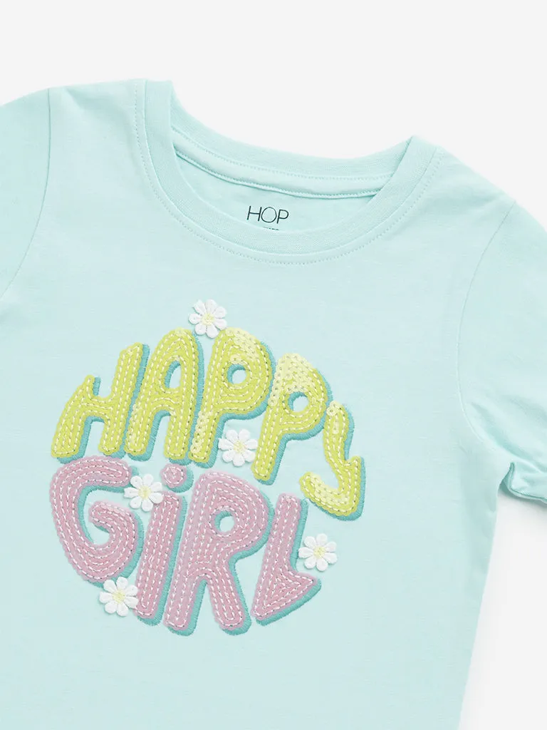 HOP Kids Mint Text Printed Cotton T-Shirt