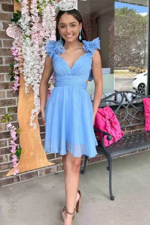 Jill | V-Neck Sky Blue Pleated A-Line Party Dress