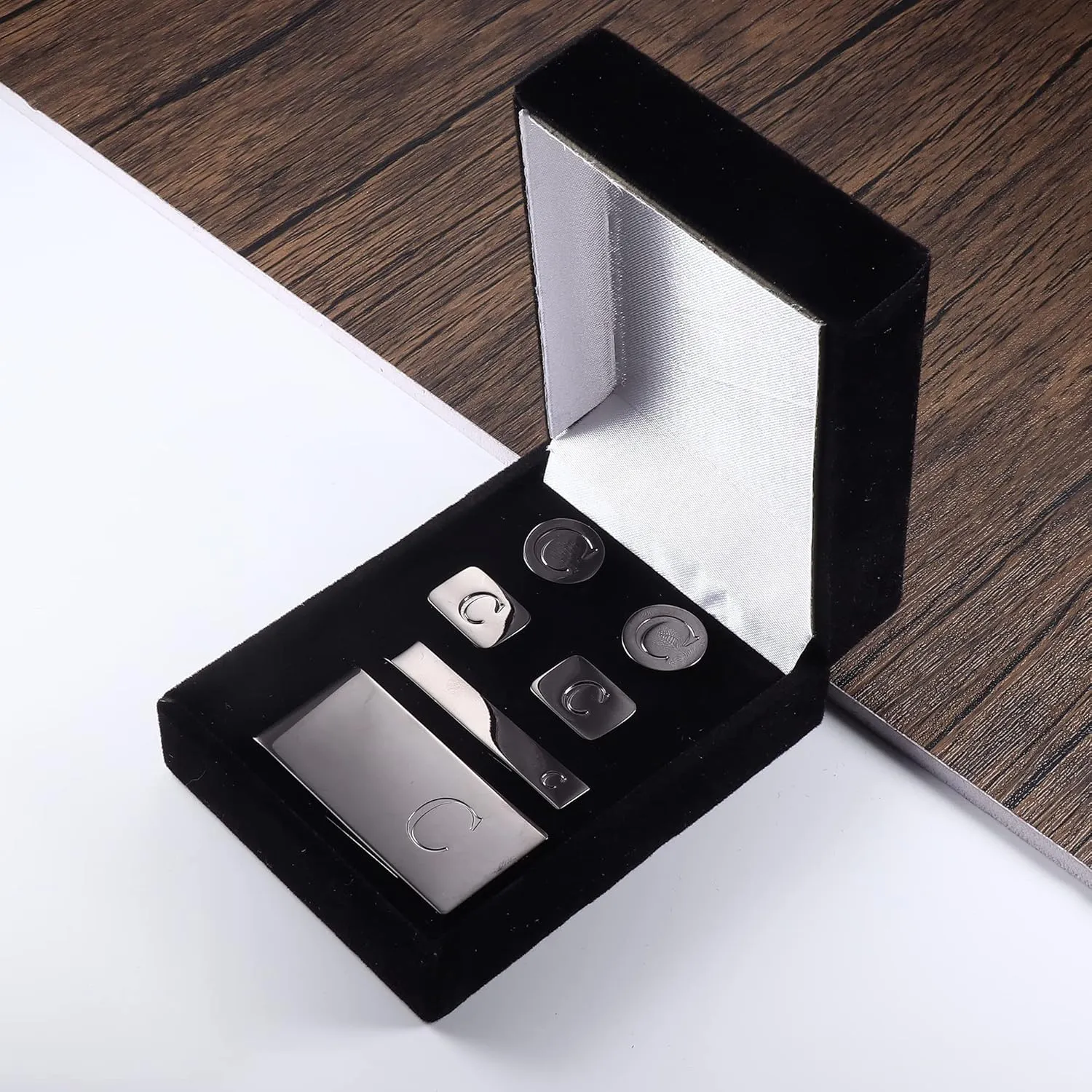 JOERICA Initial Cufflinks for Men and Tie Clip Set for Men Alphabet Letter Wallet Tie Clips and Cuff Link with Gift Box For Father Husband