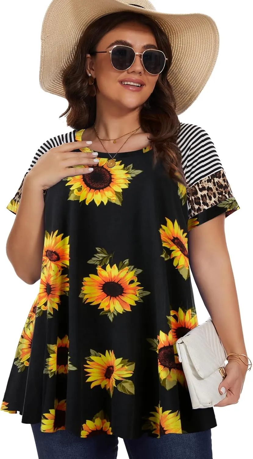 LARACE Women's Plus Size Tops Summer Basic Tunic Short Sleeve Casual Round Neck T Shirt