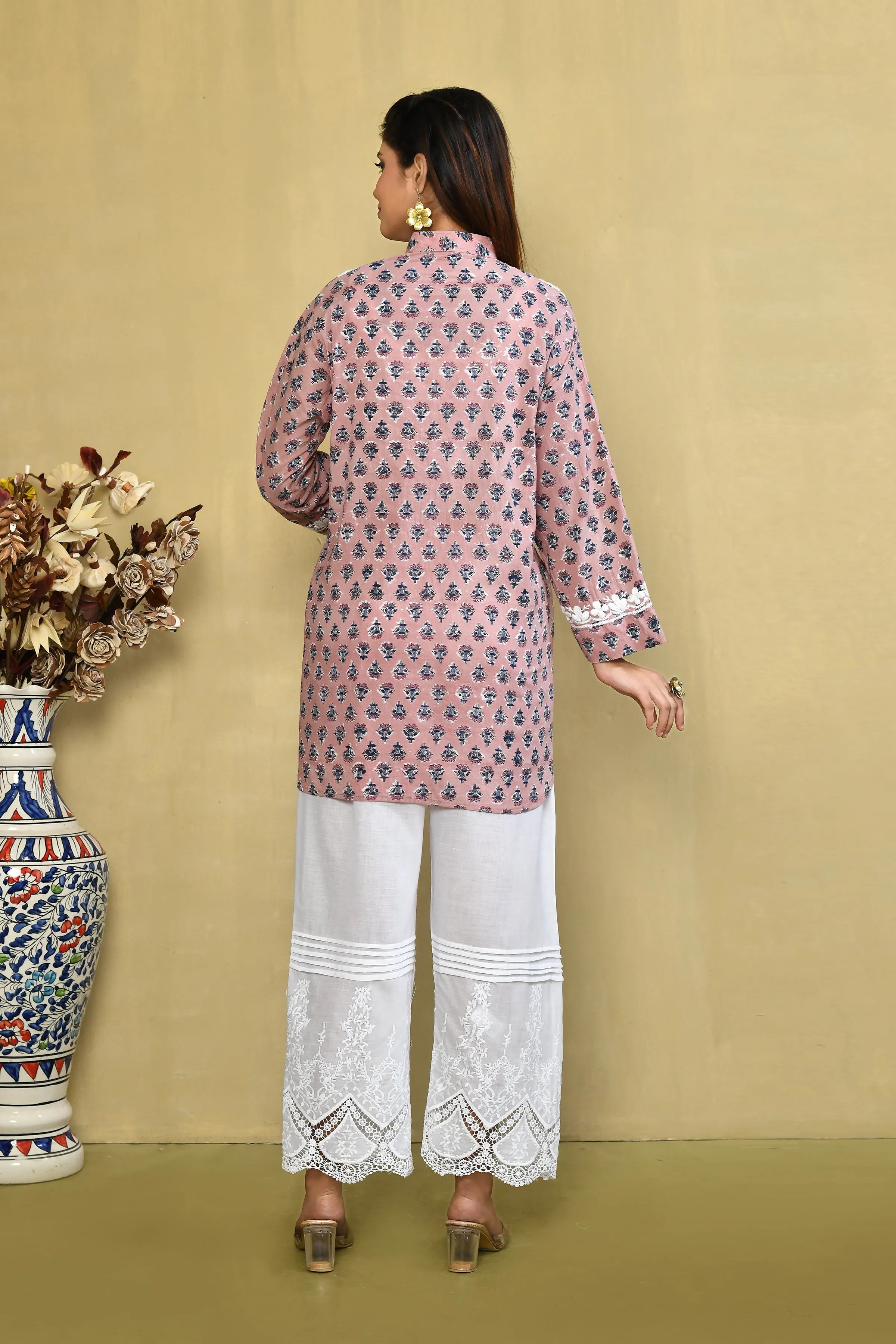 Light Peach And Blue Handblock Printed Chikankari Short Kurta