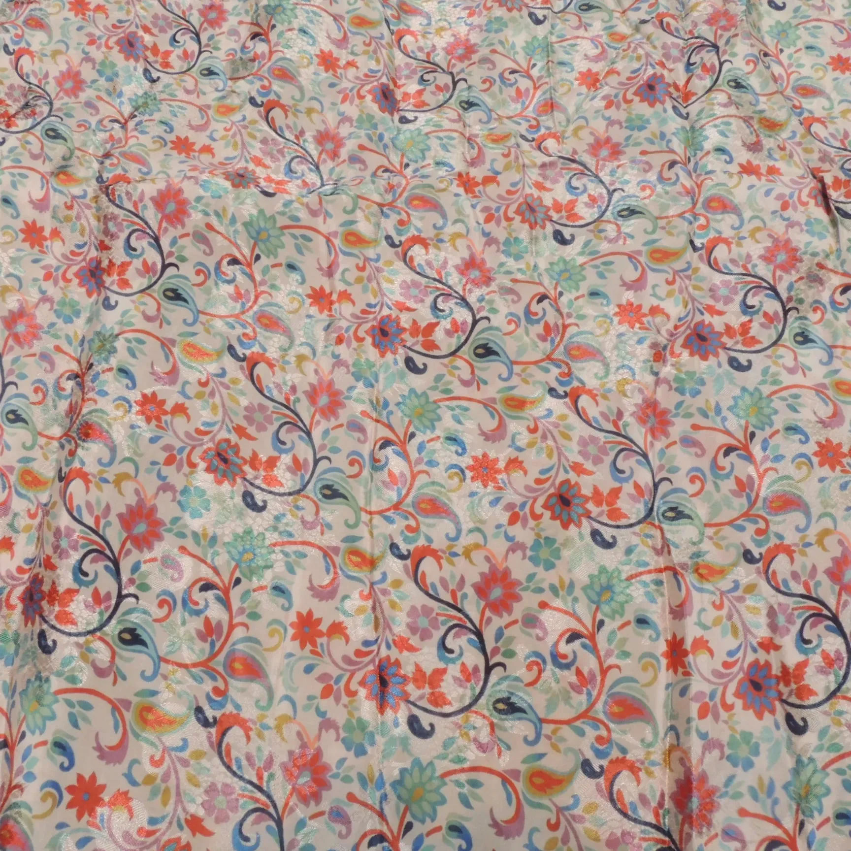 Off White Floral Digital Print Jacquard On Viscose Crepe Fabric