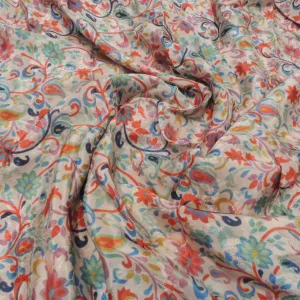 Off White Floral Digital Print Jacquard On Viscose Crepe Fabric