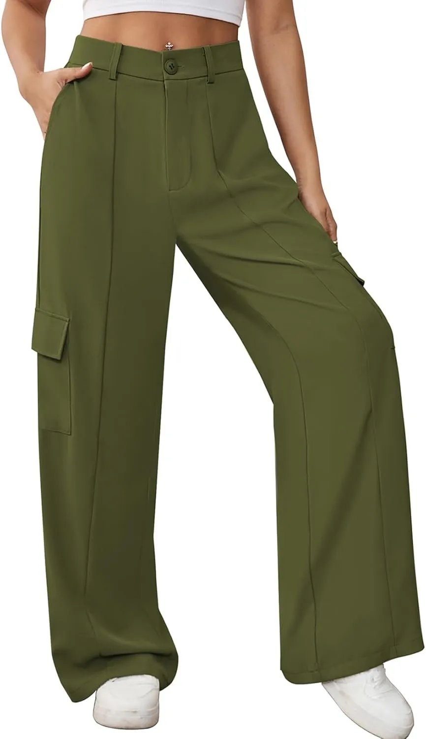 Pink Queen Women High Waisted Wide Leg Cargo Pants Button Down Loose Casual Trendy Work Trousers with 4 Pockets