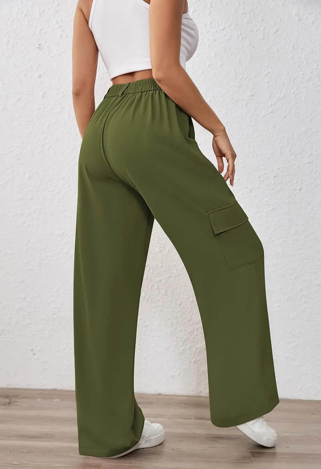 Pink Queen Women High Waisted Wide Leg Cargo Pants Button Down Loose Casual Trendy Work Trousers with 4 Pockets