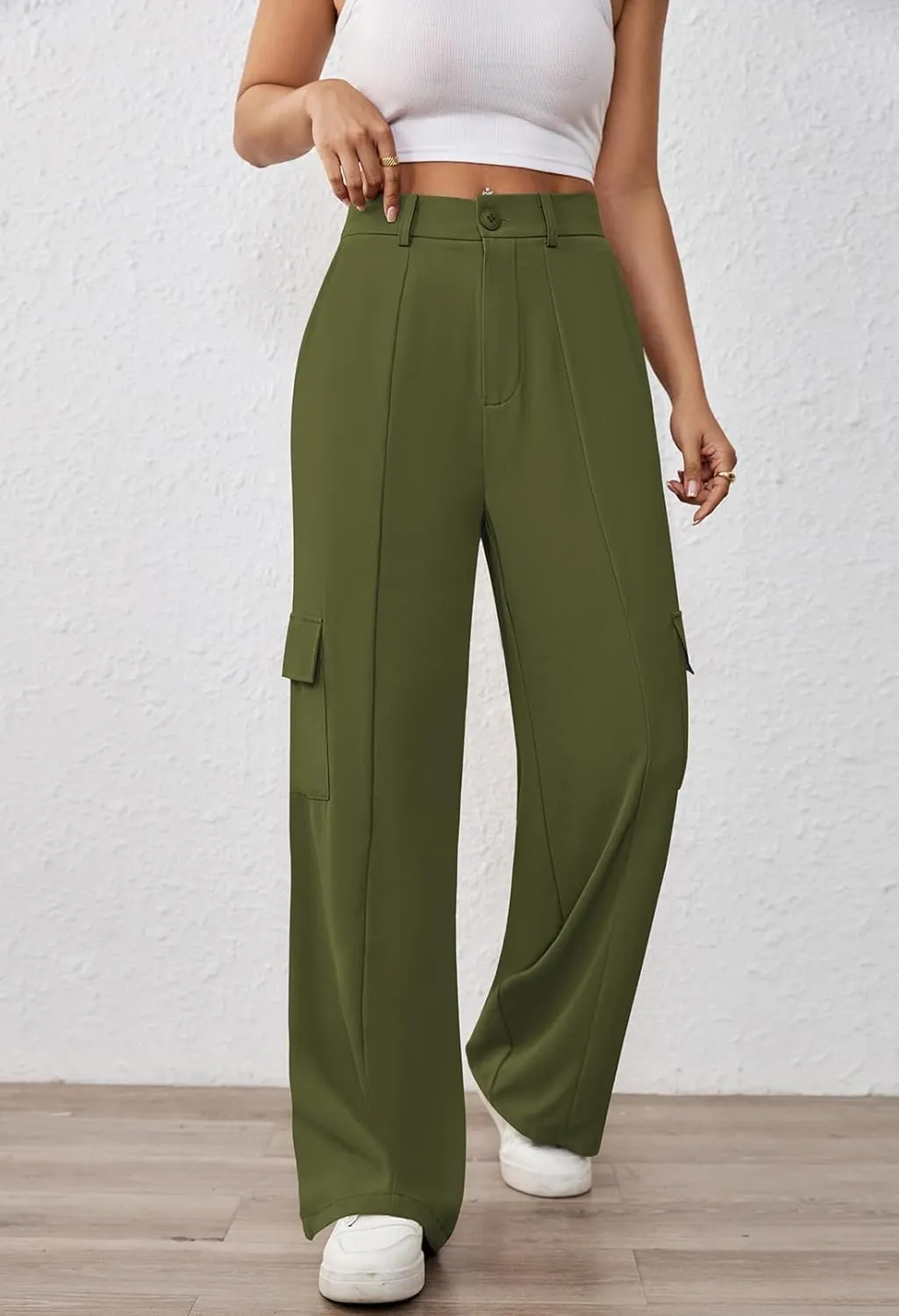 Pink Queen Women High Waisted Wide Leg Cargo Pants Button Down Loose Casual Trendy Work Trousers with 4 Pockets
