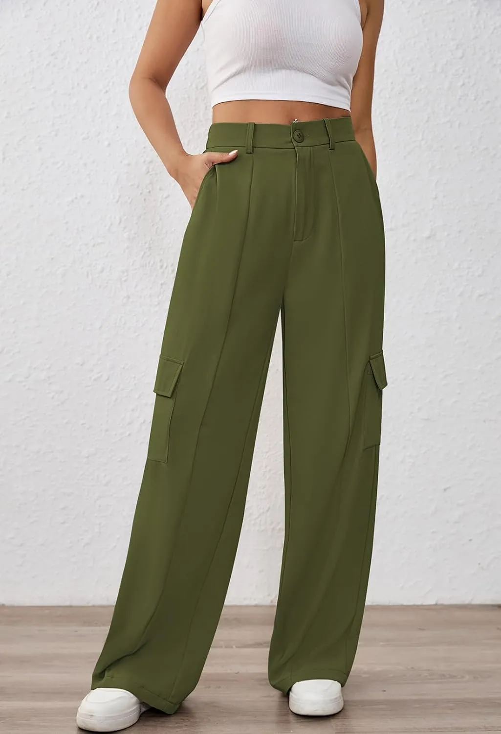 Pink Queen Women High Waisted Wide Leg Cargo Pants Button Down Loose Casual Trendy Work Trousers with 4 Pockets