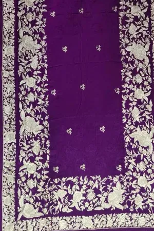Purple Parsi Gara: Hand-Embroidered Pure Crepe Saree for Elegant Style