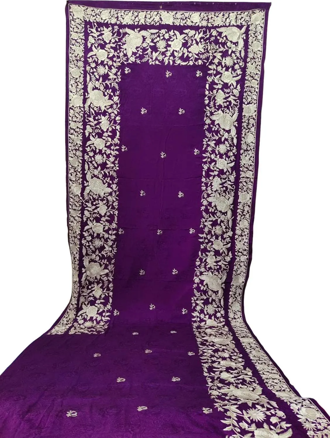 Purple Parsi Gara: Hand-Embroidered Pure Crepe Saree for Elegant Style