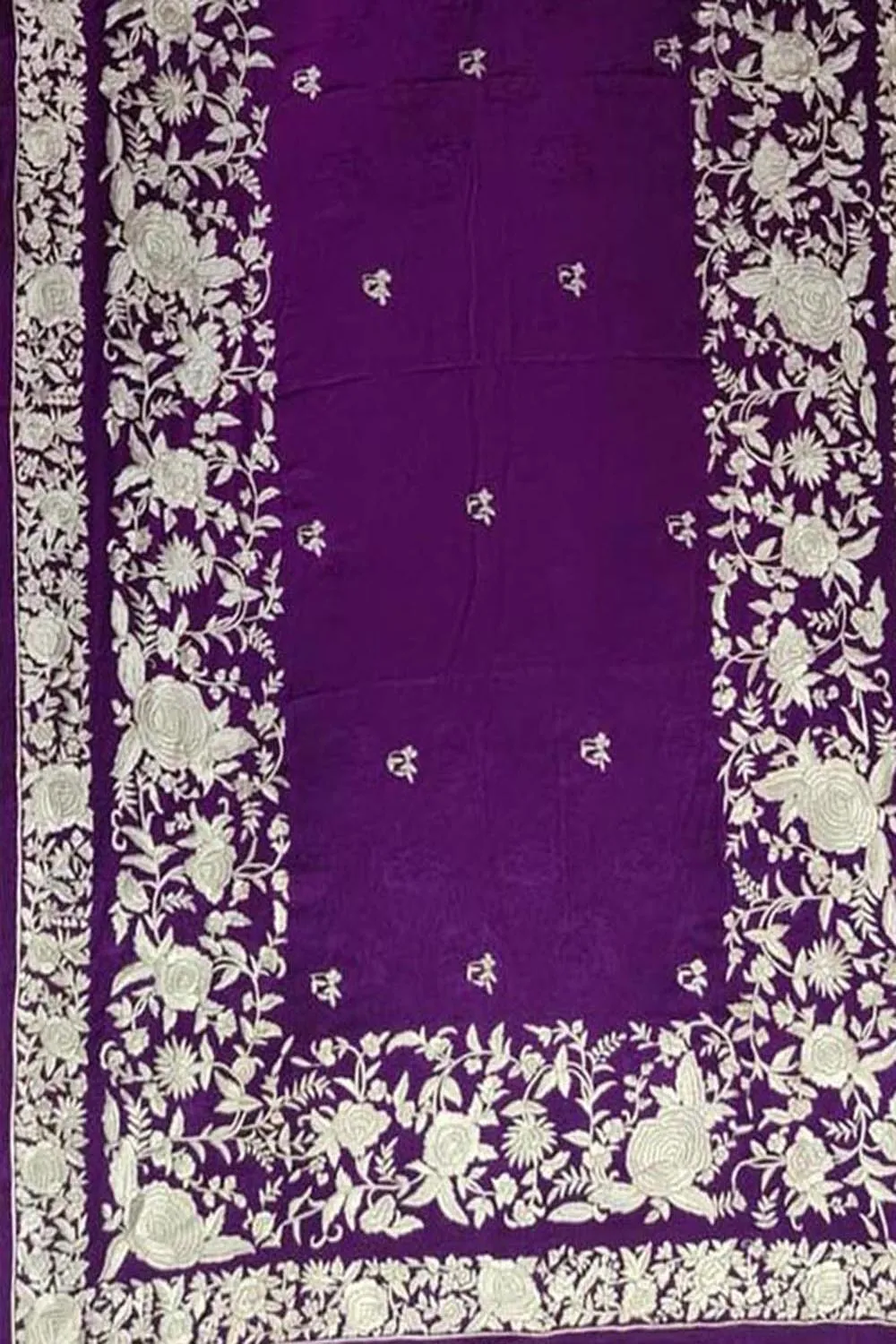 Purple Parsi Gara: Hand-Embroidered Pure Crepe Saree for Elegant Style