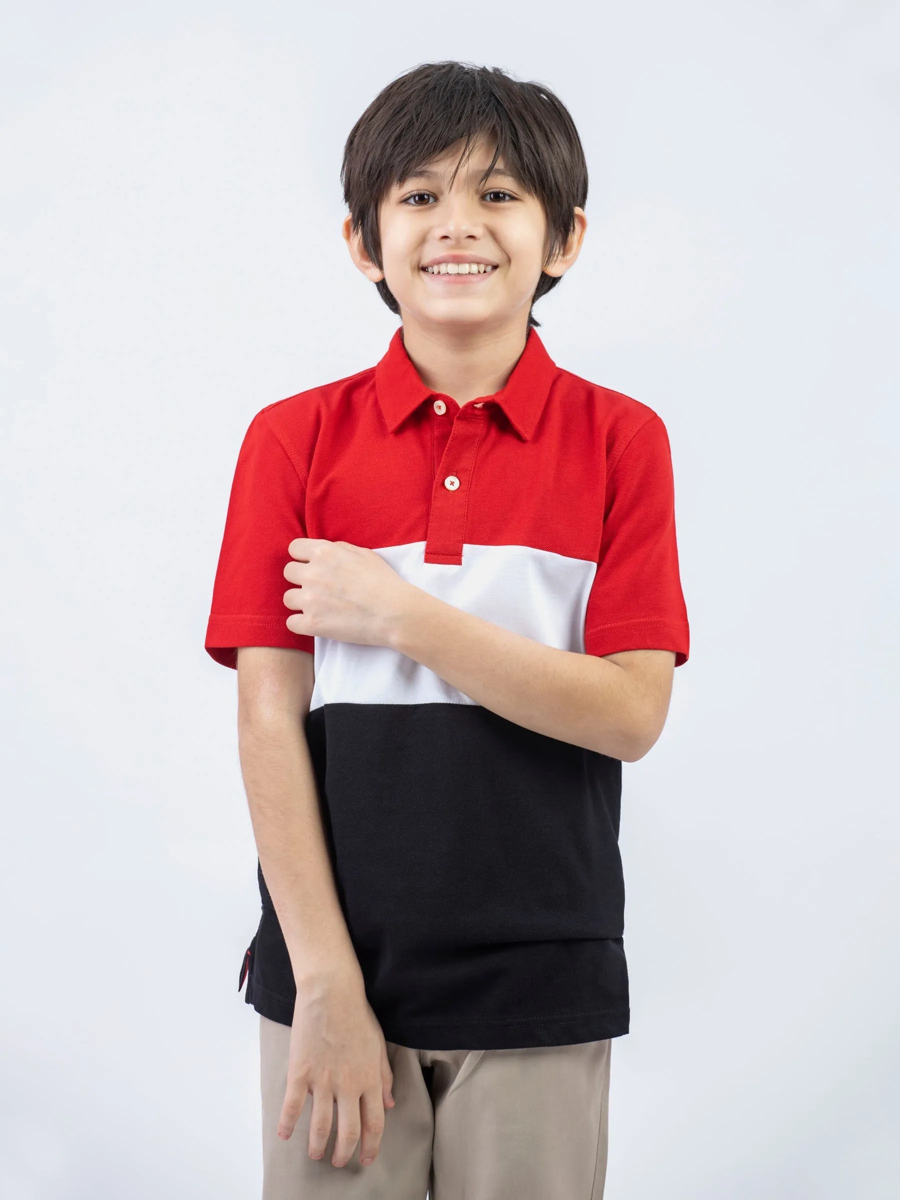 Red & Black Three Tone Casual Pique Polo