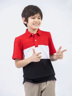 Red & Black Three Tone Casual Pique Polo