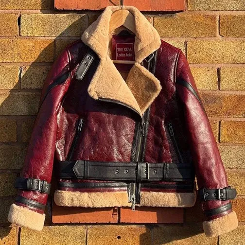 Red-Wine Cropped Style Fur Leather Coat Women