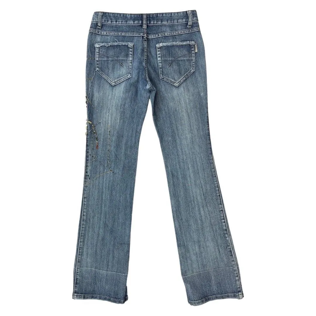 Vintage Y2K Blue Embellished Embroidered Spider Web Bootcut Denim Jeans 8 10 S