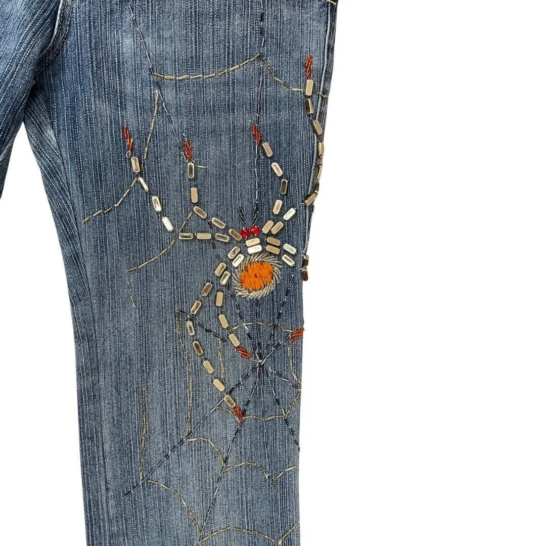 Vintage Y2K Blue Embellished Embroidered Spider Web Bootcut Denim Jeans 8 10 S