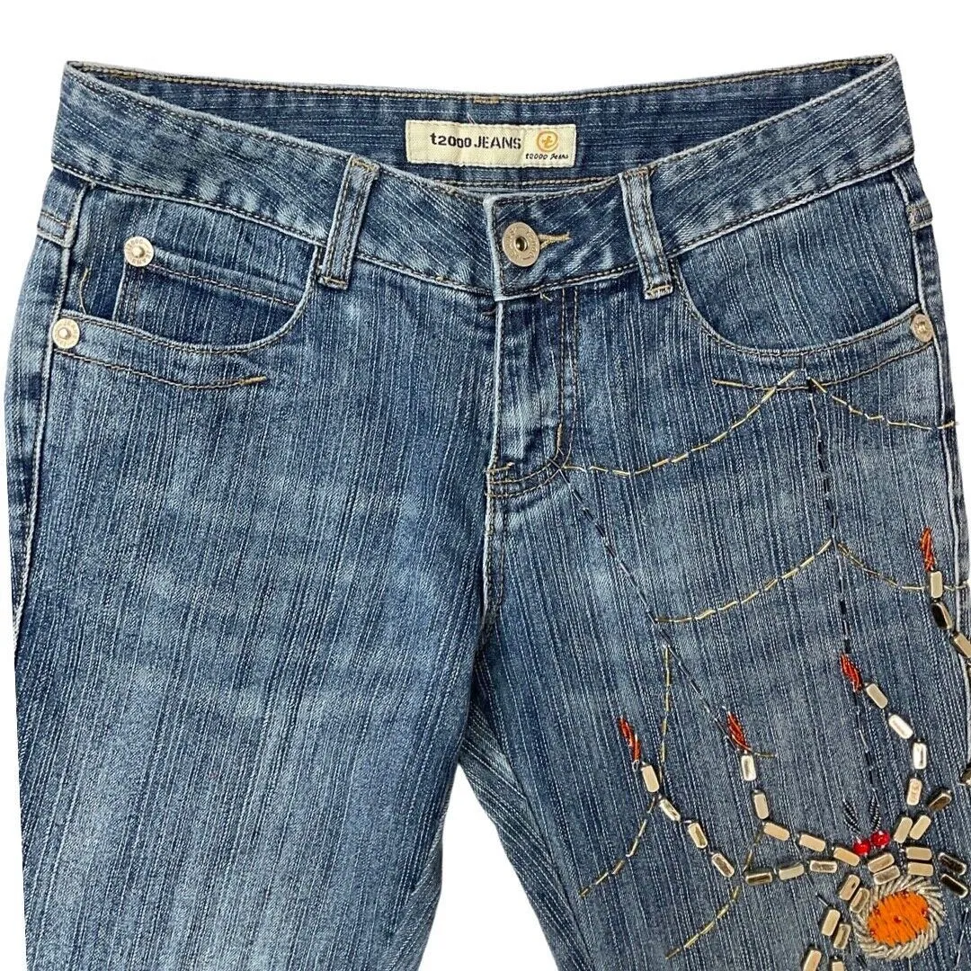 Vintage Y2K Blue Embellished Embroidered Spider Web Bootcut Denim Jeans 8 10 S