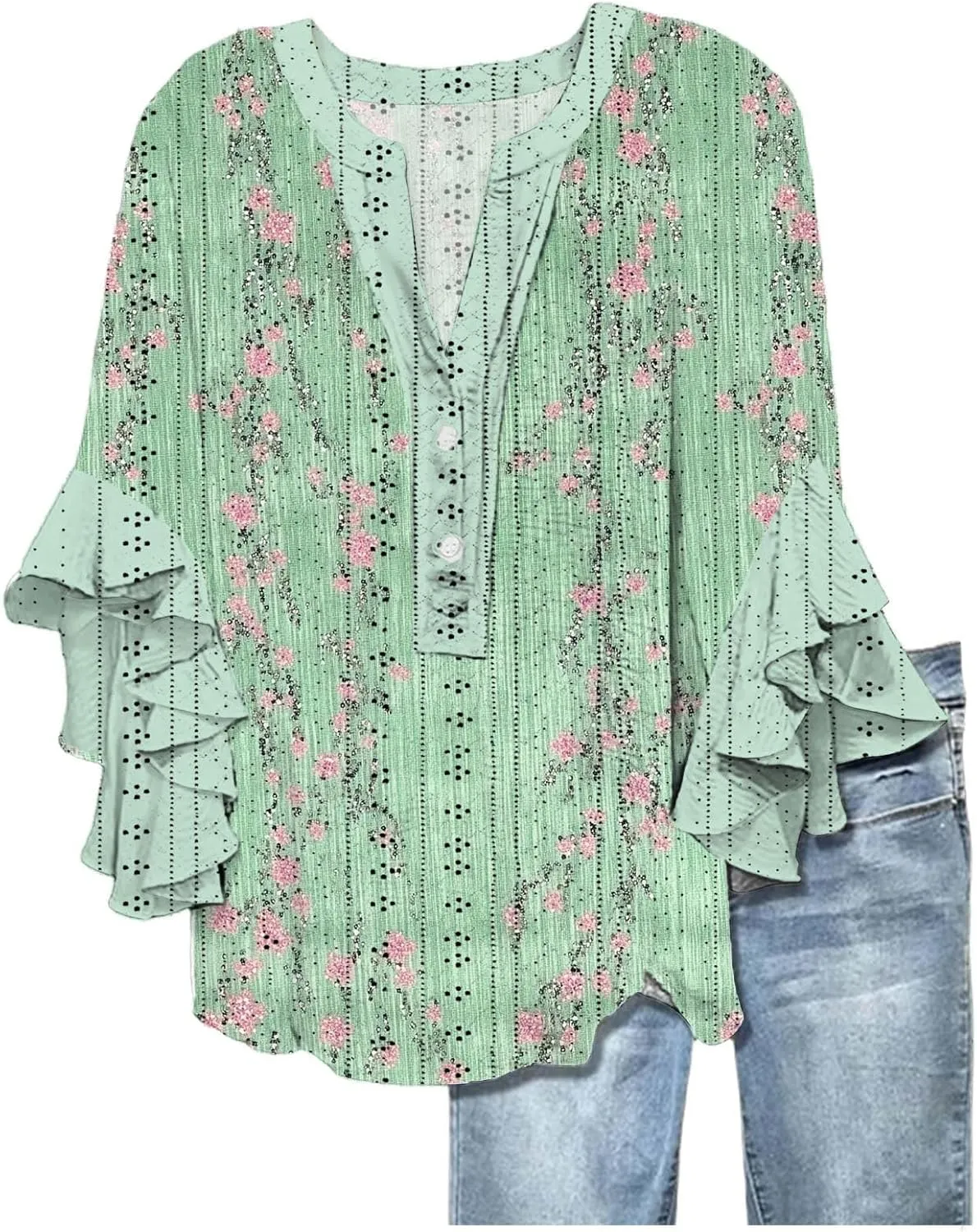 Women's Eyelet Poncho Tops Half Sleeve Tops Trendy Casual Lightweight Flowy Shirt Ruffles Hem Dressy Elegant Blouse