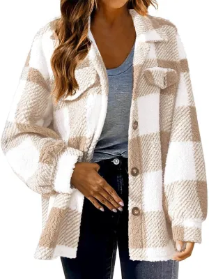 Womens Fleece Plaid Shackets Lapel Button Down Jackets Casual Long Sleeve Flannel Shirts Trendy Clothes Fall Winter