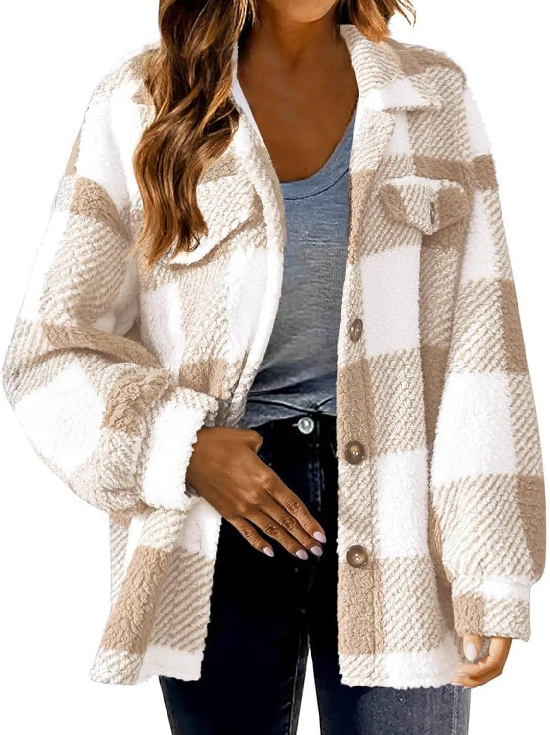 Womens Fleece Plaid Shackets Lapel Button Down Jackets Casual Long Sleeve Flannel Shirts Trendy Clothes Fall Winter