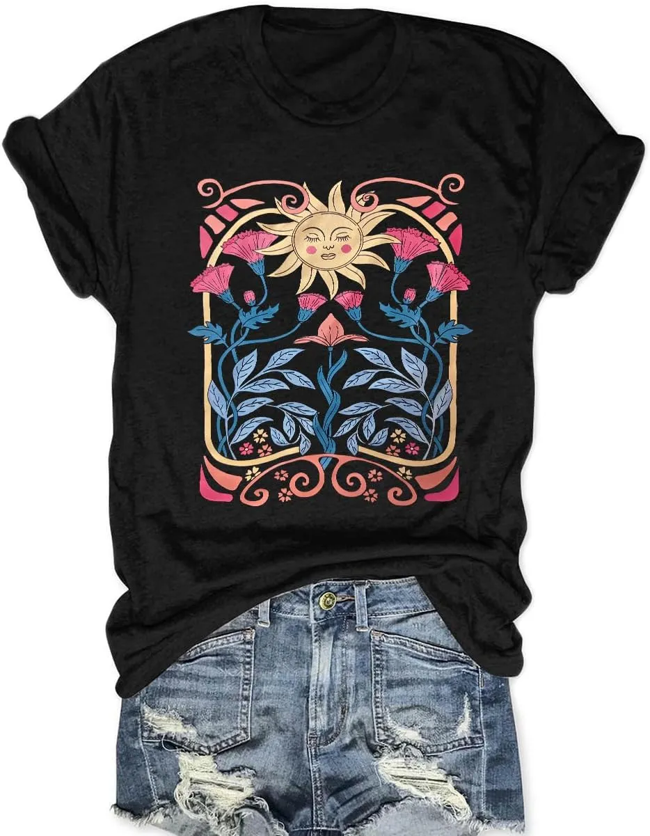 Womens Flower T Shirt Vintage Wildflowers Printed Graphic Tee Casual Botanical Short Sleeve