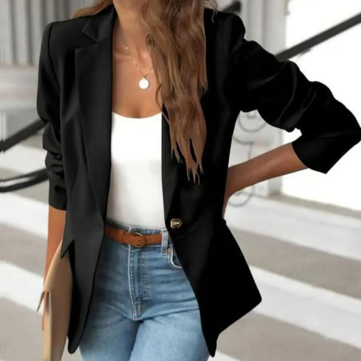 Women's Minimalist Solid Button Lapel Collar Blazer, Jackets for Women Trendy, Business Casual Outfits for Women