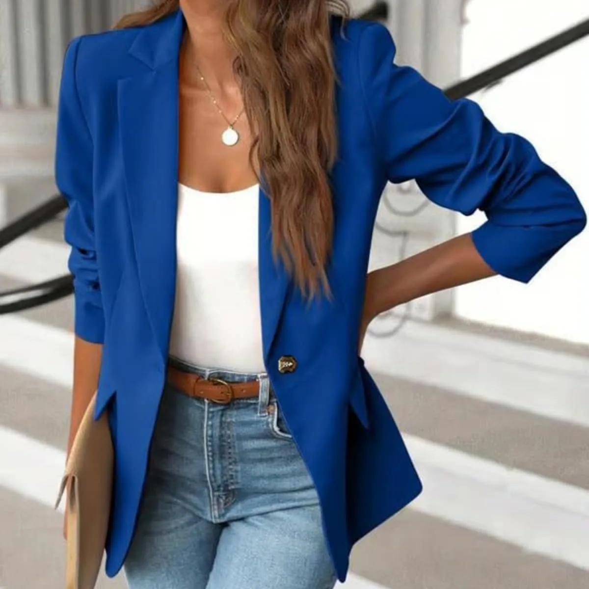 Women's Minimalist Solid Button Lapel Collar Blazer, Jackets for Women Trendy, Business Casual Outfits for Women