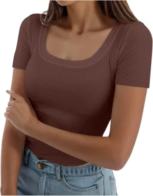 Womens Summer Short Sleeve Tops Square Neck Ribbed Slim Fitted Shirts Casual Tee Tshirt Couples Christmas Shirts
