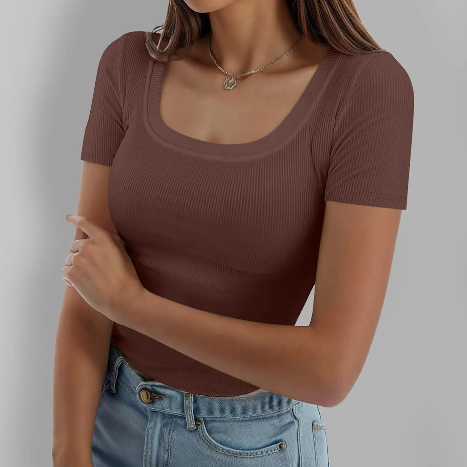 Womens Summer Short Sleeve Tops Square Neck Ribbed Slim Fitted Shirts Casual Tee Tshirt Couples Christmas Shirts