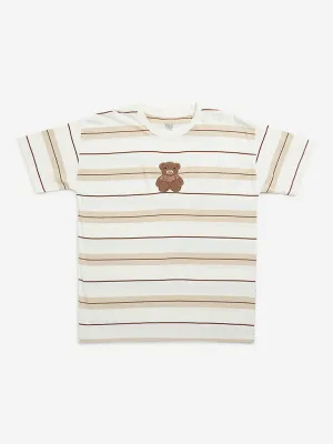 Y&F Kids Brown Striped and Printed Cotton T-Shirt