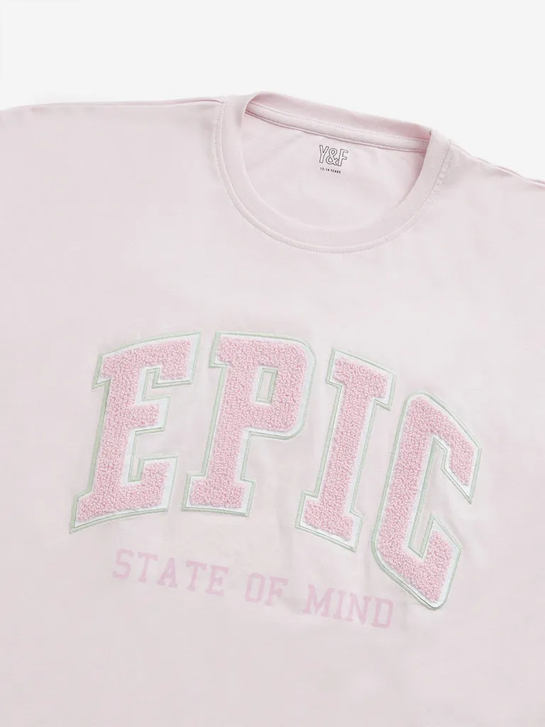 Y&F Kids Pink Text Embroidered T-Shirt