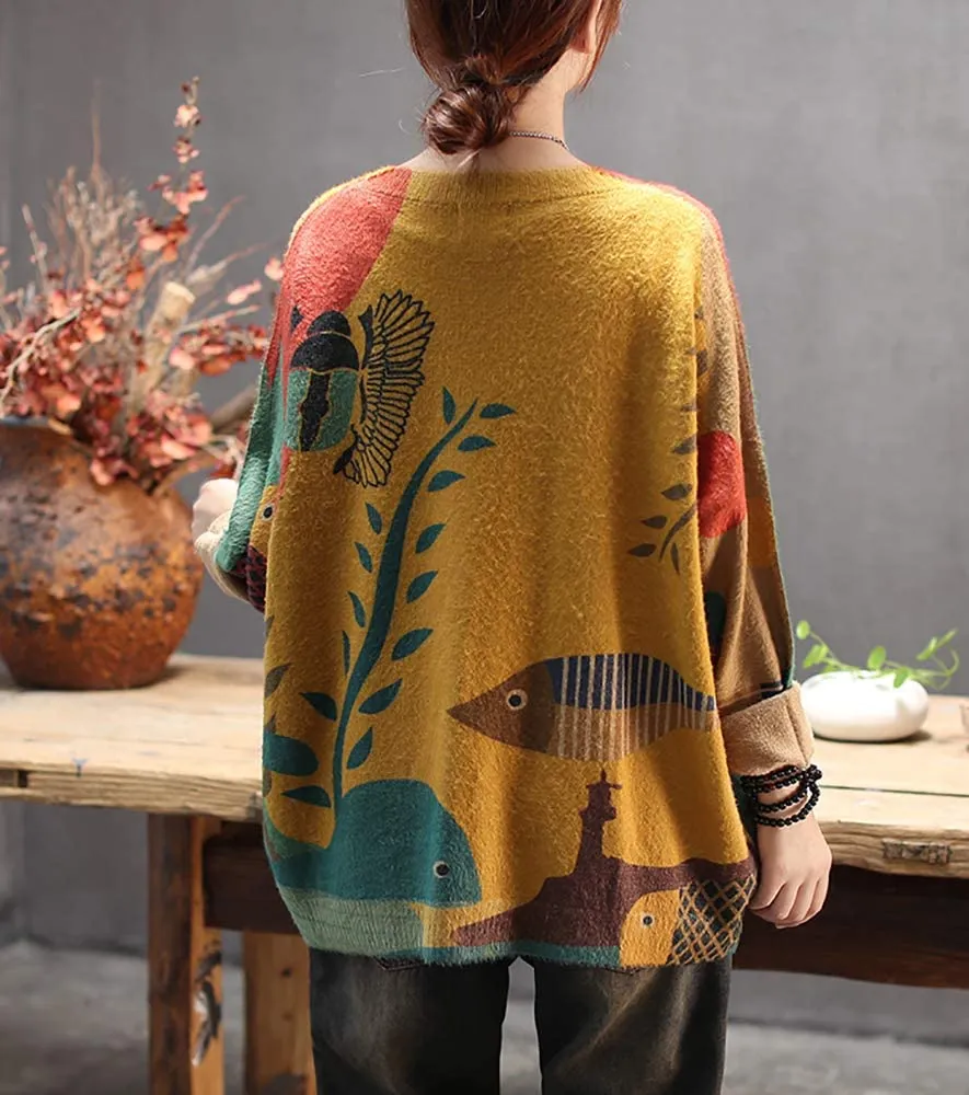 YESNO Women Christmas Sweater Graphic Printed Oversized Pullover Sweaters Casual Loose Knit Tops L S01 CR19