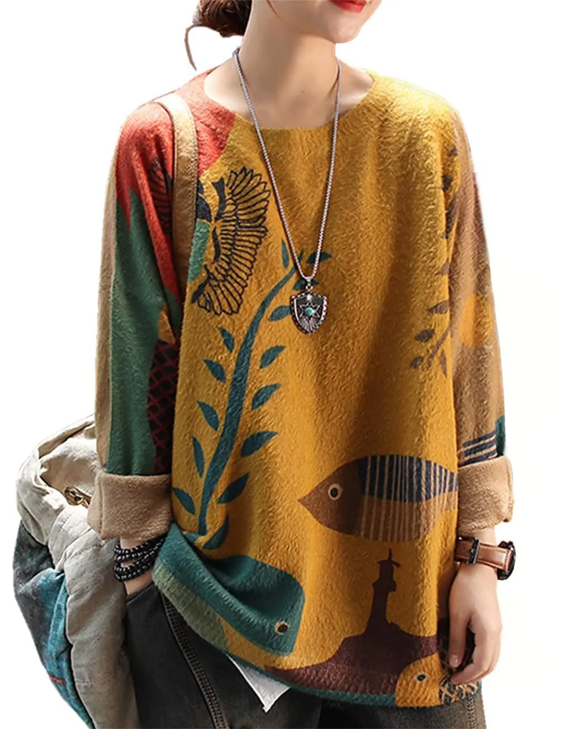 YESNO Women Christmas Sweater Graphic Printed Oversized Pullover Sweaters Casual Loose Knit Tops L S01 CR19
